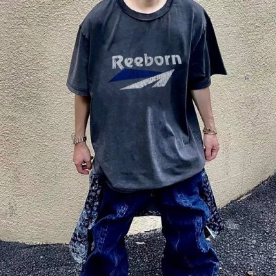 False perception Reeborn裂纹弹幕标语反线重磅水洗做旧高街短袖 情侣款 重磅爆款来袭，260G重工水洗Outside反线工艺，前后复古裂印