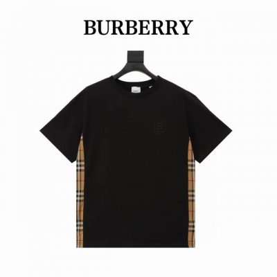Burberry 巴宝莉 胸前B标刺绣格纹拼接短袖 定制Bbr专用 G全棉60支双股布料，前幅标识图案40000针，为进口田岛机刺绣，字体越小越体现绣花工艺的技