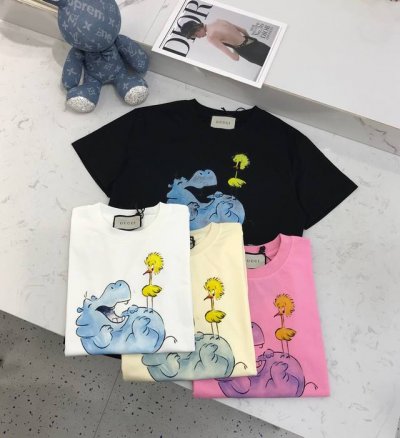 新款定制 S M L Gucc**河马鸭子图案圆领短袖T恤 黑色白色粉色杏色