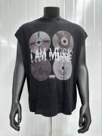 Vt030 黑胶唱片“I Am Music”印花复古水洗做旧无袖坎肩T恤 小领口设计 白墨数码直喷印花 手工磨破工艺 高街复古重磅做旧水洗Vintage坎肩无袖