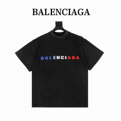 balenciaga 巴黎世家 英文彩色Logo发泡印花水洗磨烂做旧短袖T恤 面料采用巴黎Zp定织定染全棉双纱紧密棉.克重260克 布面干净.布纹清晰 柔软舒适