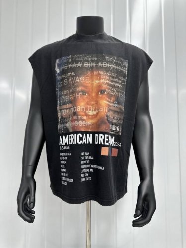 Vt038 21 Savage说唱歌手American Dream 2Lp 黑胶唱片限定人像搞怪印花复古水洗做旧无袖坎肩T恤 小领口设计 白墨数码直喷印花 手工
