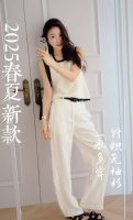 极简风白色麻料直筒阔腿裤 把裤型的宽松度和空气感呈现的就很好，随时可拿捏住的利落状态，随性松弛轻松饱满 Smlxl