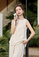 夏季新品夏季新款时尚气质重工刺绣蕾丝上衣阔腿裤套装 Smlxl