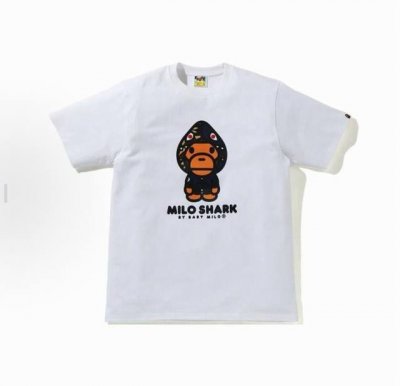 00150款A Bathing Ape 米洛鲨鱼帽印花短袖T恤 男女同款 码数Smlxlxxl 白蓝，白红，白灰