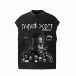 #Vt013 P70 travis Scott斯科特联名Utopia专辑周边骷髅人像数码直喷印花复古水洗做旧坎肩无袖T恤 小领口设计 白墨数码直喷印花 手工磨破