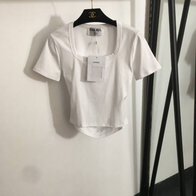 款号20252673 Chane*新款 后背镂空Logo字母 方领修身T恤上衣，白色，黑色，Sml， M码；肩宽36，胸围78，袖长17，衣长47