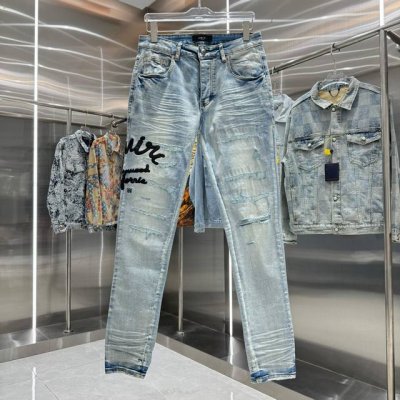 amiri 破洞字母刺绣街头潮流修身小脚弹力牛仔裤 颜色 浅蓝色 码数 30 32 34 36 38