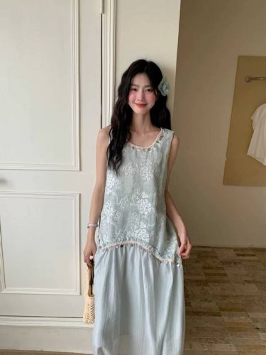 连衣裙 2670女夏重工气质超好看 度假风贝壳流苏 减龄刺绣民族风中长无袖连衣裙 面料 刺绣麻拼接天丝 里布 四面弹 四码Smlxl