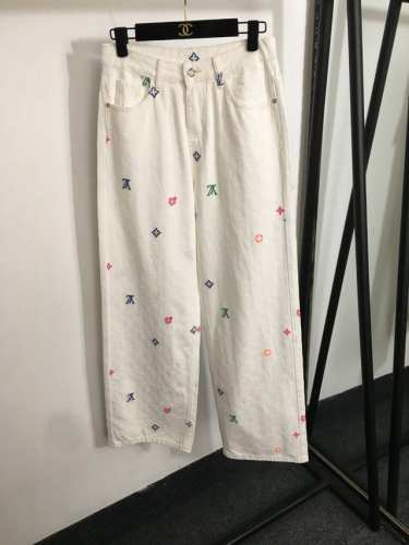 款号20252263 Lv*新款 彩色Logo刺绣提花高腰阔腿牛仔长裤，白色，S-Xl， M码；腰围70，长106