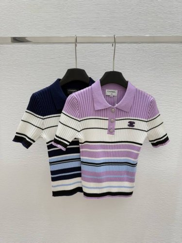 ch家 早春新款 翻领条纹针织短袖 颜色：紫色 宝蓝色 尺码：36.38.40