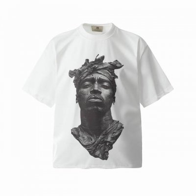 Vt961 致敬图派克Tupac说唱歌手2pac雕像人像Big Face数码直喷印花复古水洗做旧短袖T恤 小领口设计 白墨数码直喷印花 高街复古重磅做旧水洗Vi