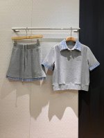 新款来袭拼接格纹polo半裙套装 Miu式穿搭 翻领短袖假两件拼接格纹半裙 短裤内衬 贴布刺绣Logo字母装饰 可爱减龄灰色深蓝