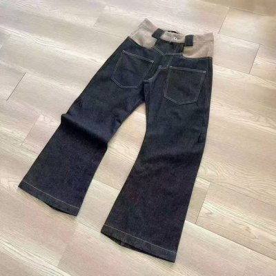款号907 围巾毛呢拼接反穿宽松弧线廓形直筒微喇弯刀原牛牛仔裤 尺码：S-Xl