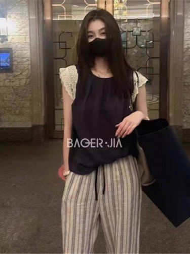 跑量主推！重磅100%苎麻小衫！ 欧洲站麻料气质时尚拼接水溶刺绣短袖打褶高级感休闲苎麻上衣 3色主推！黄色！绿色！蓝色！Smlxl