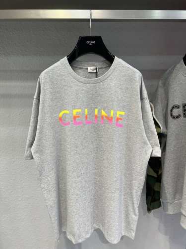 款号Y214 Celine 正印彩色Logo 独家定织定染纯棉料 柔软舒适 前副ＣＥＬＩＮＥ彩色字母Logo印花 男女同款 花灰配色 Xs-L