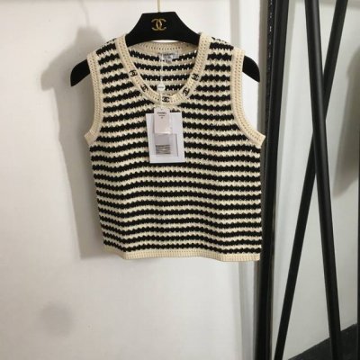 p230款号20251638 Chane*新款 小香Logo刺绣条纹镂空羊毛针织背心，黑色，36 38 40，【36码；胸围82，长49】