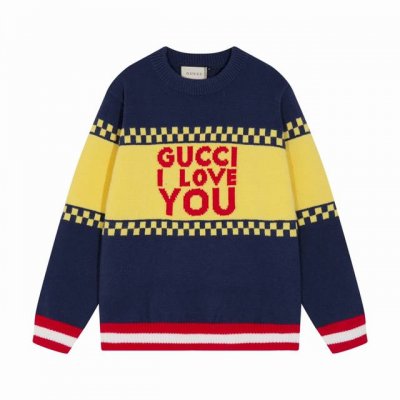 古驰Gucci 古家黄色格Iloveyou提花圆领毛衣 颜色 蓝拼黄 码数 S M L Xl Xxl