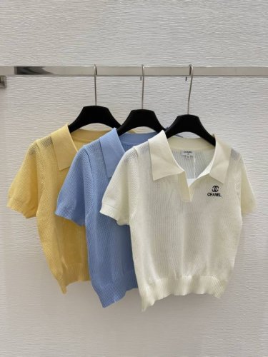 Ch家 早春新款 翻领针织短袖 颜色：白色蓝色黄色 尺码：36.38.40