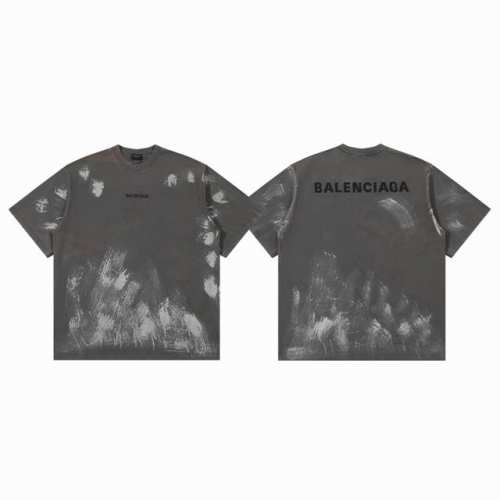 Balenciaga 巴黎世家 25Ss 早春新款 脏脏风做旧磨破复古灰涂鸦刺绣 Logo 字母水洗情侣圆领短袖T恤-顶级版本 Color：灰色 Size：S
