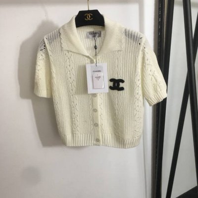款号20250755 Chane*新款 Logo刺绣 翻领短袖镂空针织开衫上衣，白色，浅粉色，黑色，36 38 40， 38码；肩宽37，胸围92，袖长20，衣