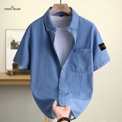 stone Island石头岛 专柜高品质青少年亚麻棉短袖衬衫外套 高街潮货 高品质外单健康面料 性价比超高 电脑裁剪 流水线专机合成衣 品质保证 宽松版设计