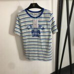 款号20253197 Celin*新款 Logo立体刺绣 透视纯棉条纹短袖T恤 蓝色 红色 Sml M码 肩宽38 胸围94 袖长23 长64