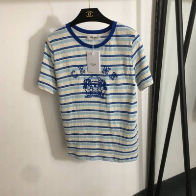 款号20253197 Celin*新款 Logo立体刺绣 透视纯棉条纹短袖T恤 蓝色 红色 Sml M码 肩宽38 胸围94 袖长23 长64