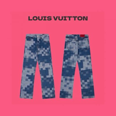 Louis Vuitton LV 路易威登 24ss 董菲联名款棋盘格格纹马赛克提花情侣牛仔裤休闲直筒裤-顶级原单版本 Color：水洗蓝 Size：M 48