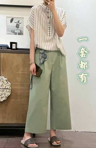 春夏爆款 真丝显瘦条纹衬衫 进口中空纱七分裤 一套都有 码数:S-Xl