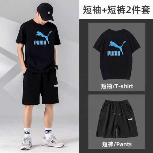 puma彪马新款短袖短裤运动套装！百搭不挑人！ 本款T恤采用纯棉面料！吸汗透气，贴身柔软！ 腰部松紧带抽绳，拉链口袋，运动時候可以放手机钥匙，非常方便！ 上身效
