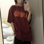 酒红色上身资讯 顶级洗水版本 D12# -Drew House 水洗做旧火焰字母印花重磅高街短袖T恤 情侣款- 顶级复刻，原版原包装，最高品质跑量，上下渐变，真