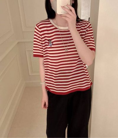 夏季新款时尚百搭条纹天丝短袖 高级感针织上衣 显瘦减龄休闲宽松，胸围51衣长56