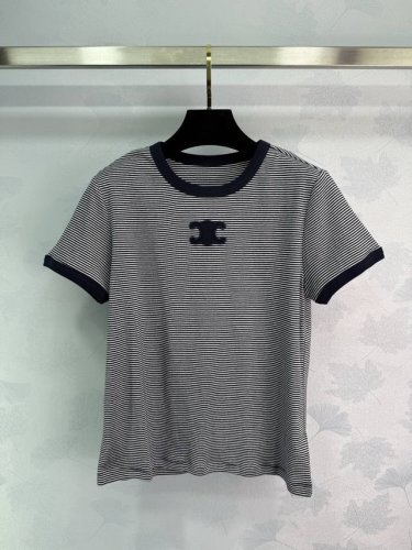 Celin* 25Ss春夏新款 圆领短袖 间色条纹设计修身版型绝绝子 进口定制原版面料手感超赞 凯旋门Logo刺绣低调奢华 辣妹气质少女高级又时髦 经典版型上身