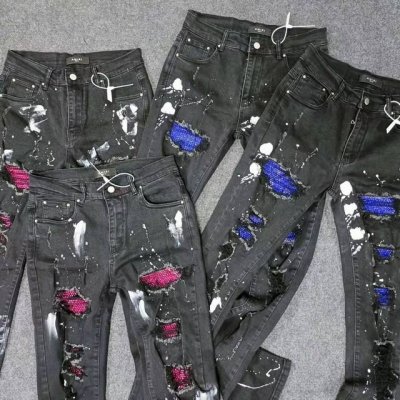 款号Fz3304 自主 Amiri黑色烫钻破洞牛仔裤长裤 Amiri高街黑色基础破洞紧身弹力牛仔裤长裤 Amiri烫钻Amiri音译为埃米尔，是创始人的名字，A