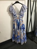 款号20252770 Zimmermann新款 拼色印花荷叶袖蝴蝶结露背V领收腰吊带连衣裙 长裙，蓝色，S-Xl， M码；胸围92，腰围70，长135