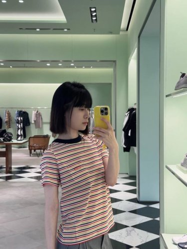 prad* 25Ss春夏新款 航海风情清新条纹修身短袖T恤丨独家Yb开发 高版出品 螺纹拼色圆领撞色休闲帅气又时髦 字母标签Logo低调奢华 经典修身版型百搭不