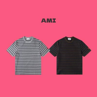ami Paris 艾米 25Ss 袖口爱心刺绣设计条纹圆领情侣短袖T恤-顶级版本 Color：灰色 咖色 Size：S M L Xl Nomber：25882