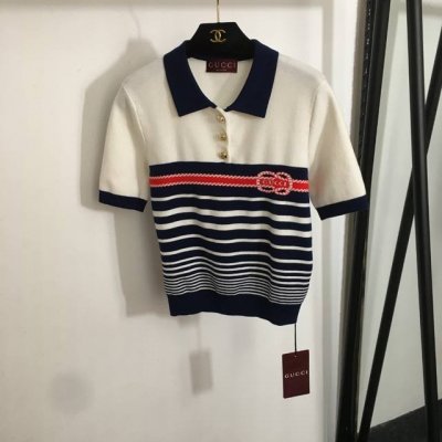 款号20252941 Gucc*新款 拼色条纹polo领短袖针织衫 上衣 白色 Sml M码 肩宽38 胸围80 袖长25 长53