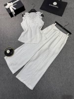 超火～无袖气质亚麻裤套装！ 御姐气场亚麻面料！定制蕾丝V领无袖背心松紧腰蕾丝定位拼接直筒裤套装！必补，Smlxl