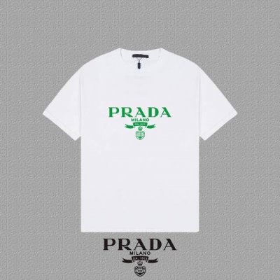 Prada 普拉达] 2025FW短袖T恤 LOGO印花 高端26s双纱300克面料 重磅面料 定制拉架罗纹同缸同染 三标齐全 男女同款 颜色：黑色 白色 灰色
