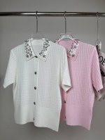 2025夏季新款 领订珠华夫格 短袖开衫 四色 Size: S- L