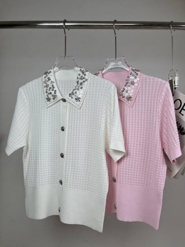 2025夏季新款 领订珠华夫格 短袖开衫 四色 Size: S- L