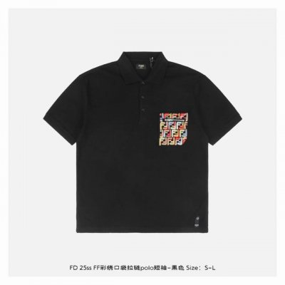 fendi 芬迪 25Ss Ff彩绣口袋拉链polo短袖-黑色 原版 G全棉珠地面料 前胸口定位 车工口袋形狀 口袋19个F撞色线刺绣 后幅刺绣 Ff 图案 定
