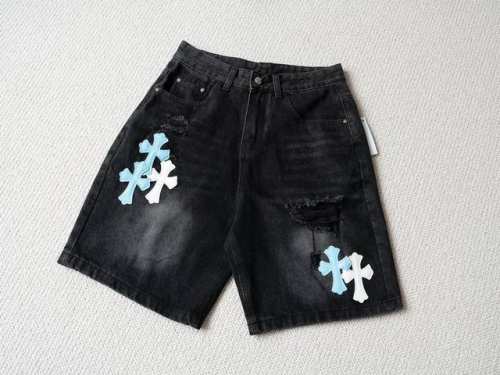 Chrome Hearts 24S S 黑色皮标十字架破洞牛仔短裤五分裤 货号 : 2068 - 颜色 水洗黑 - 尺码 S M L Xl 尺寸推荐 178Cm