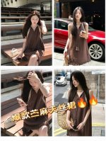 连衣裙 2670夏季新款爆款苎麻莱赛尔天丝系带V领设计无袖连衣裙拼接流苏下摆A字裙四码Smlxl