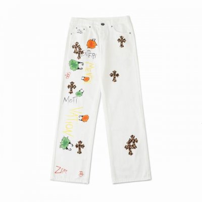 chrome Hearts｜ Ch克罗心 25Ss 白底拼豹纹中古涂鸦绘画高街牛仔裤 克罗心里面颜色最能打的裤子啦啦啦 采用珠帆布面料，重工水洗使面料上身更有质