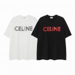 现货 Ce36 赛琳莎渊Celine新款胸前红色字母Logo印花圆领宽松短袖T恤 男女同款 250克32S双纱 颜色：黑色 白色 码数：S M L Xl