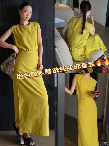 套装 独特漂亮柠檬绿纯亚麻套装 设计感掐腰气质高级感简单大方上衣巨好看法式半裙 Smlxl