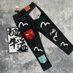 oc-556 Evisu招财猫牛仔长裤Evisu 福神牛仔裤 情侣款特供中山原厂原浆牛仔，面料环保，做旧拼接元素，和带有欧美风格的腰果花组合，与M的完美结合、个